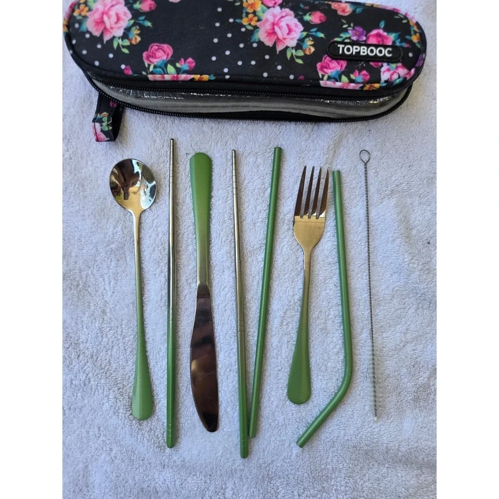 TOPBOOC Portable Travel Cutlery Set Stainless Steel Green 8 Piece Floral Case K3